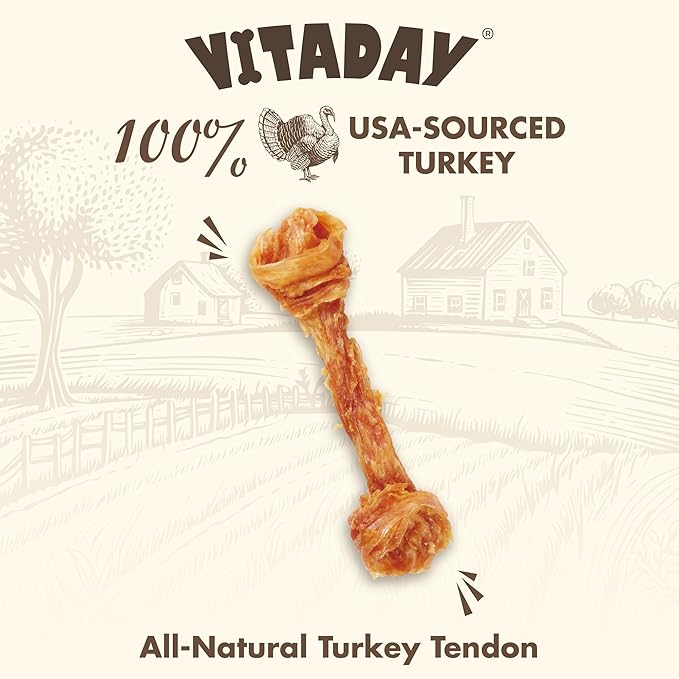 VITADAY Turkey Tendons for Dogs, All Natural, Healthy Dog Treats, Long Lasting, Hypoallergenic Dog Chews, Rawhide Free, USA-Sourced, for Large Dogs, Bone (L), 1 Count