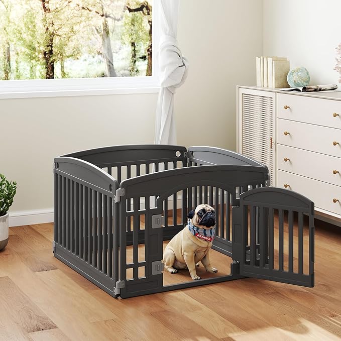 DUMOS Dog Playpen 4 Panel 24" Plastic Exercise Pen with Door Small Puppy, Medium Dogs Animal Pet for Outdoor, Garden, Yard, RV Camping - Black