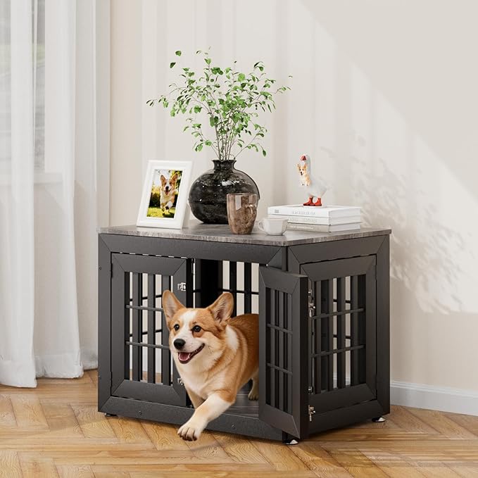 Snuowu 32" Heavy-Duty Dog Crate Furniture for Small/Medium Dogs, Rustic Wooden Dog Cage Kennel Indoor Furniture, Decorative Pet House End Table, Black & Grey