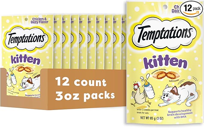 Temptations Kitten Treats Classic Crunchy and Soft Cat Treats, Chicken and Dairy Flavor, 3 oz. Pouch (Pack of 12)