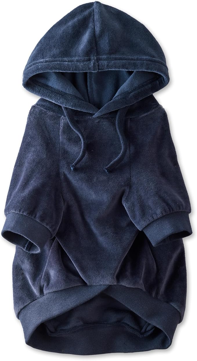 Pet Passion Cooper II Organic Cotton Velour Dog Hoodie Pet Coat for Small, Medium and Large Dogs, Navy, Small