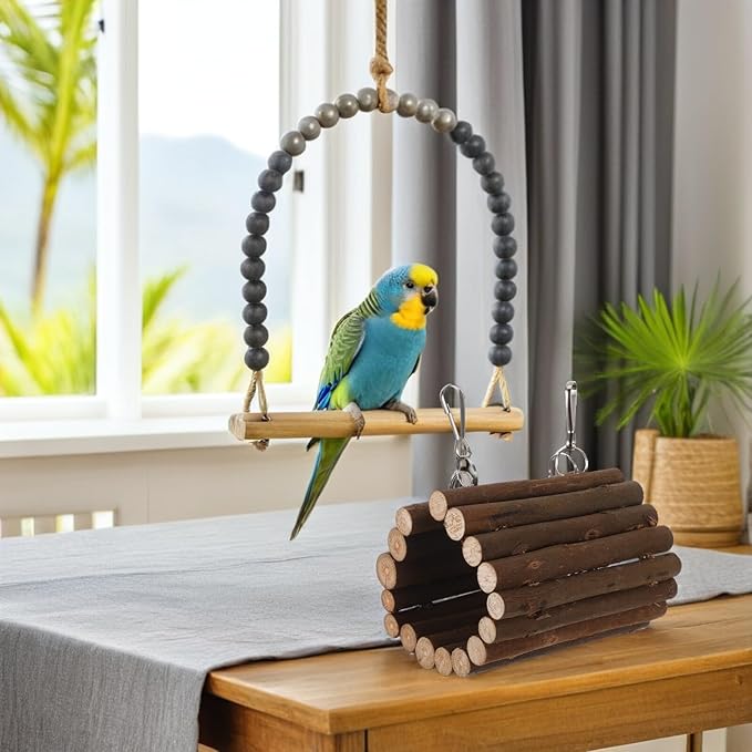 SUPVOX Wooden Parrot Swing and Hanging Tunnel with Hook, Small Natural Chewable Bird Cage Accessory for Climbing and Playing