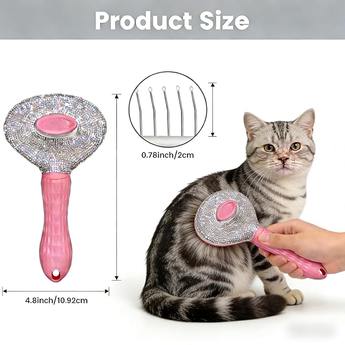 Diamond Rhinestone Cat Hair Brush Deshedding Brush Dog Hair Remover Tool Stainless Steel Comb Slicker Brush with Release Button for Dog Cat Rabbit Shedding Pets Grooming (Pink)