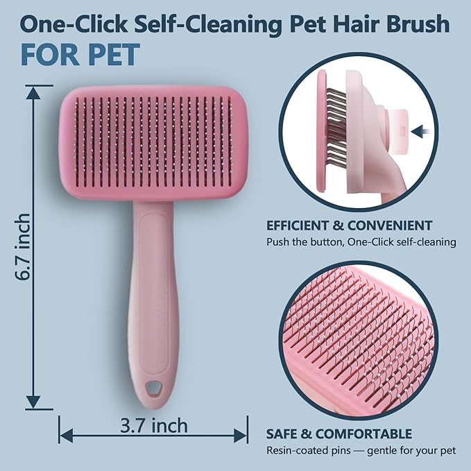 Self-Cleaning Cat Shedding Grooming Brush for Small Dog Pet Short Hair Remover Set Reusable Lint Removal Tool Carpet Scraper for Clothes Couch Bedding Furniture Car Pink