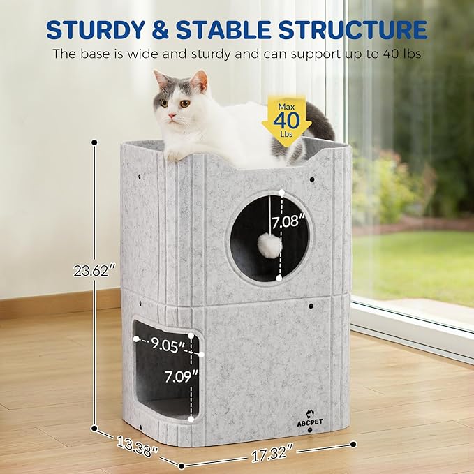 ABCPET Cat House for Indoor Cats, Cat Condo Cat Bed Cave, Felt Cats Hideaway Condo with Resistant Scratching Freedom Kitten Cube & Hanging Ball, Light Gray