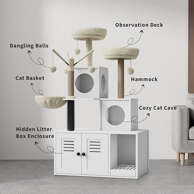 Multi-Level Wooden Cat Tree Tower with Hidden Litter Box Enclosure & Condo, Sisal Scratching Posts, Soft Perch & Toys, Modern Cat Furniture for Indoor Cats, White Box & White Trees