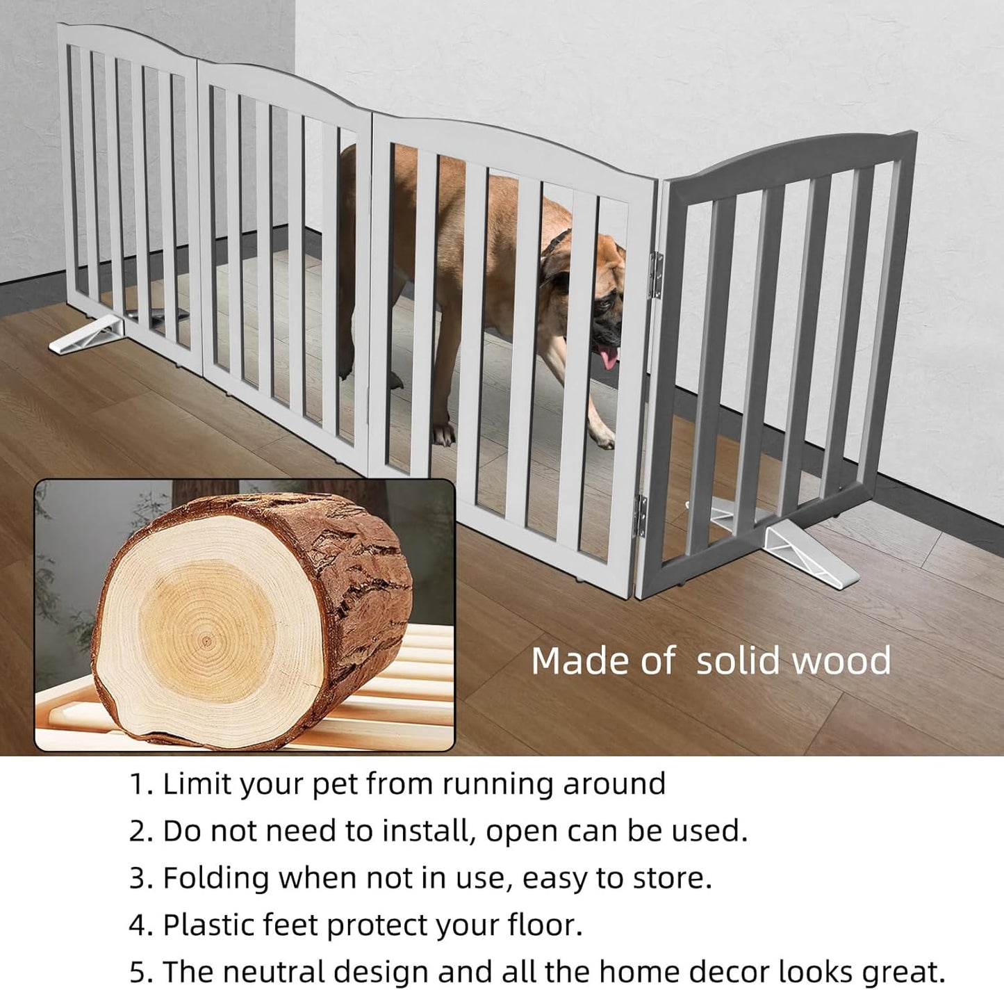 ZJSF Foldable Freestanding Indoor Dog Gate for House Wood Long Pet Gates Dog Fence for Stairs Puppy Gates for Hallways, Puppy Gate,Support Feet Included, Grey, 24 "Height-3 Panels