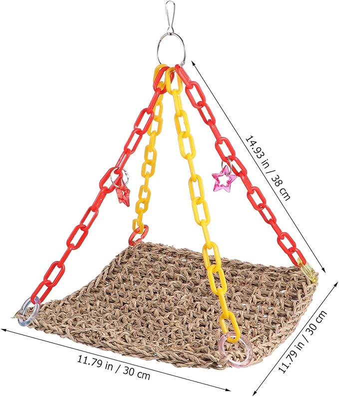 Mikikit Parrot Chewing Toy Swing Hammock for Birds Natural Straw Rope Bird Cage Accessory Climbing Play Bed for Parakeets Lovebirds and Cockatiels Space-Saving Design