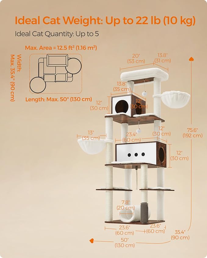 Feandrea Cat Tree, 75.6-Inch Modern Cat Tower, Tall Multi-Level Condo with 2 Caves, 2 Hammocks, 4 Scratching Posts, Self-Groomer, Tunnel, Perch, Rustic Brown UPCT193X01