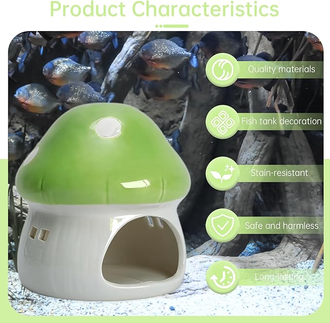 AnRui Ceramic Mushroom Aquarium Decor Cute House Betta Fish Tank Accessories Decoration Hideout Cave for Small Fish, Shrimp, Goldfish and Reptiles, Easy to Clean (Green, Small)