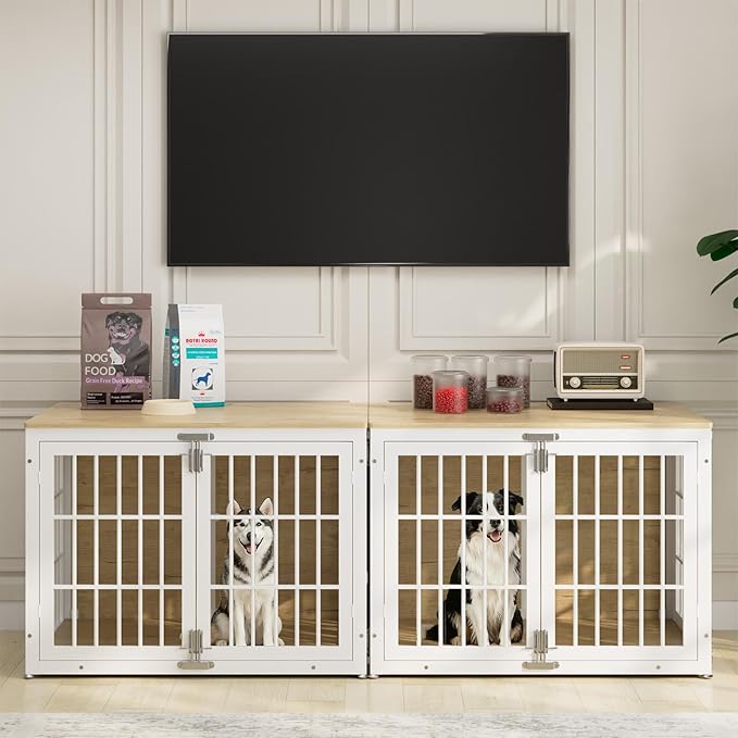 41" Heavy Duty Dog Crate Furniture, Wooden Dog Cage Kennel for Lrage and Extra Large Dogs, Dog Kennel Indoor with Side Door, Decorative Pet House End Table, White and Natural