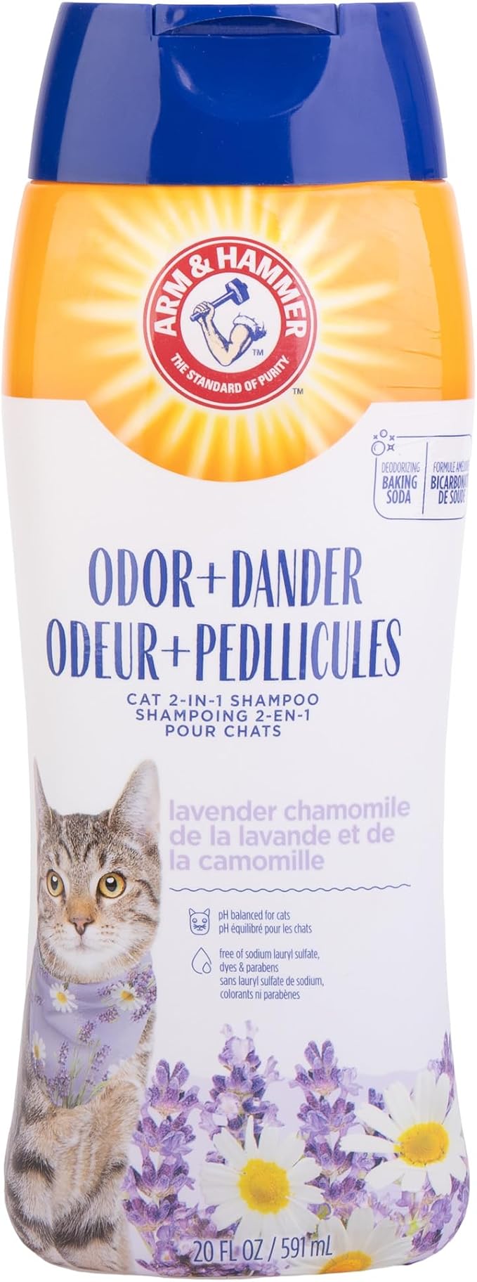 Arm & Hammer 2-in-1 Deodorizing & Dander Reducing Shampoo for Cats, Baking Soda Cat Shampoo for Dander, Odor Control and Coat Cleaning, Lavender Chamomile Scent, 20 Fl Oz - 6 Pack