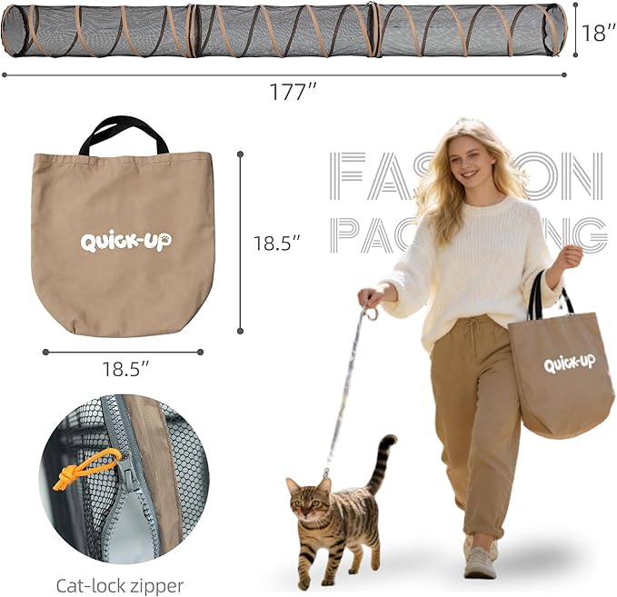 Cat Play Tunnel-3 Packs for Indoor and Outdoor,Pet Tunnel,Cat Enclosure, Easy to Connect with Two Zipper Doors,Product Size 59'' x 18'',Tan Trim (3 Tunnels)