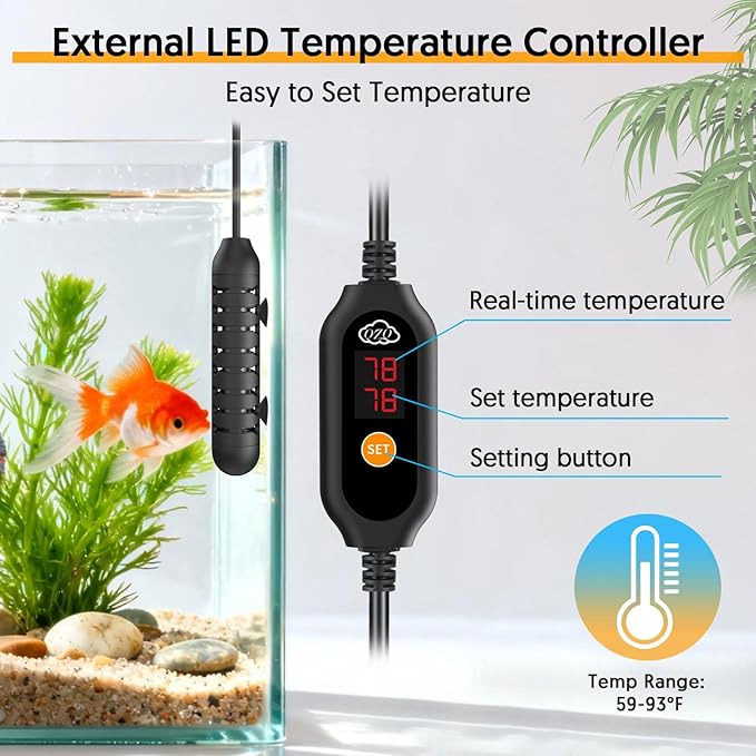 QZQ Aquarium Heater, 200W Adjustable Fish Tank Heater with Digital Display, External Temperature Controller, Submersible Turtle Tank Heater for 20-40 Gallon Tanks