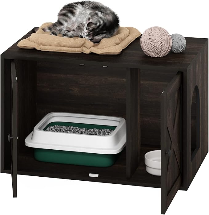 Furinno PELI Cat Litter Box Enclosure, Farmhouse Hidden Litter Box Furniture with Side Entrance, Wooden Pet House with Slatted Door, Easy Assembly, for Living Room, Ebony