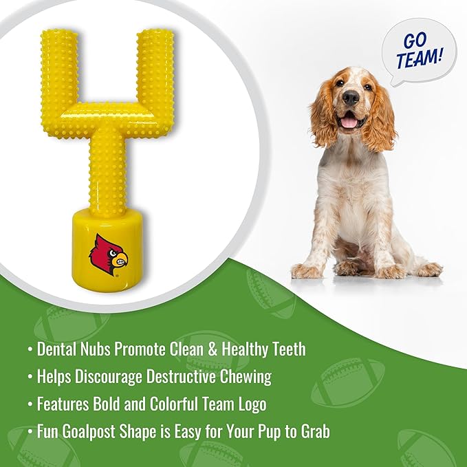 NCAA Louisville Cardinals Mega-Chew Hard Nylon Bacon-Flavored Dog Bone Football Goal-Post Chew Toy. Interactive, Tasty & Fun Dog Chew Toy. Indestructible, Strong, Tough & Durable Pet Chew Toys