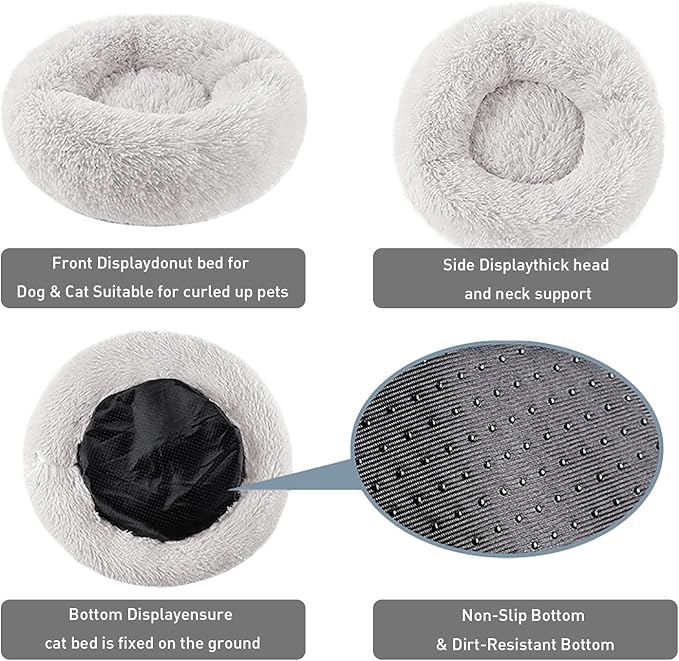 BinetGo Calming Cat and Dog Beds, 20 Inch Beige Donut Bed - Machine Washable, Anti Slip Waterproof Bottom