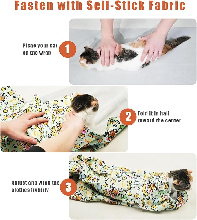 Cat Wrap for Cutting Nails, Self-Adhesive Cat Grooming Wrap Anti-Escape Anti-Scratch Calming Cat Swaddle Wrap for Nail Clipping, Medicine, Ear Cleaning, Multifuctional Pet Tool for Cat-Owner, Vet