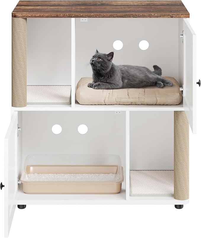 Cat Litter Box Enclosure for 2 Cats, Hidden Litter Box Furniture with Scratch Post and Double-Layer Litter Mats,Farmhouse Wooden Cat House Washroom or Bed, White