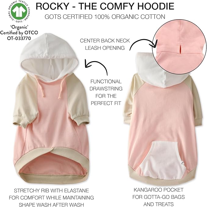 Pet Passion Rocky – The Original Lightweight Hooded Tee 100% Organic Cotton Dog Hoodie Pet Coat Sweater for All Sized Dogs, Pink Color Block, XX-Small (4-7 lbs)