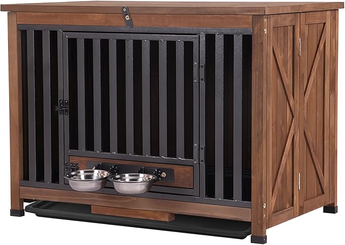 GUTINNEEN Dog Crate Furniture Foldable Dog Kennel for Small Medium Dogs Large Solid Wood Dog House with Bowl Heavy Duty Dog Cage End Table (Dark Brown)