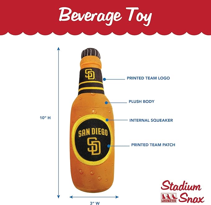 Pets First MLB San Diego Padres Stadium Beer Bottle Plush Dog Toy-Cutest Plush Toy for Dogs & Cats with Inner Squeaker & Premium Embroidery of Baseball Team Name & Logo