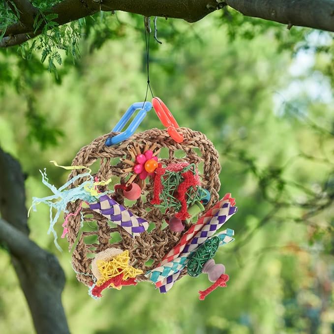 VANZACK Edible Seagrass Bird Foraging Wall with Built Hook Woven Climbing Hammock Mat for Parrots Cockatiels Parakeets Safe Chewing for Birdcage Hanging and Anti-Biting Play