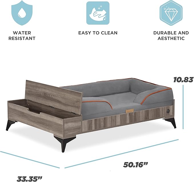 Wooden Dog Bed with Mattress, Large to Extra Large Water-Resistant Elevated Pet Bed, Wooden Pet Bed with Storage, Greenguard Gold Certified, Machine Washable, Smokey Grey, Wyatt - TailZzz