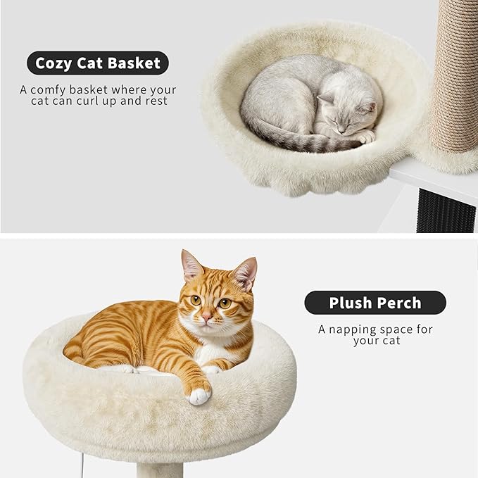 Multi-Level Wooden Cat Tree Tower with Hidden Litter Box Enclosure & Condo, Sisal Scratching Posts, Soft Perch & Toys, Modern Cat Furniture for Indoor Cats, White Box & White Trees