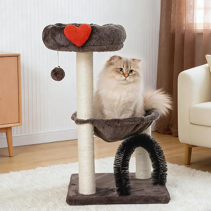 Simple Deluxe 27.8" Small Cat Tree Tower for Indoor Cats, Multi-Level Cute Cat Tree with Scratching Post| Plush Hammock| Perch| Replaceable Cover| Groomer Brush| Dangling Ball for Kittens Play & Rest
