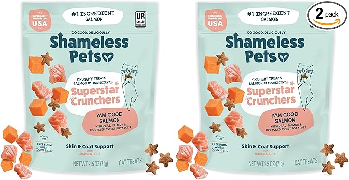 Shameless Pets Crunchy Cat-Treats - Kitty-Treats for Cats with Skin & Coat Support, Natural Ingredients KittenTreats with Real Salmon, Healthy Flavored Feline Snacks - Yam Good Salmon, (Pack of 2)
