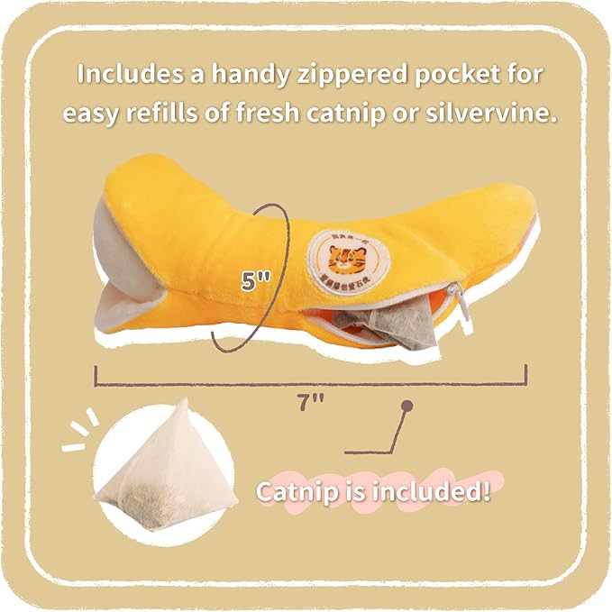 BLUE BAY Banana Catnip Toy w/refillable Zipper Pouch, Catnip Bag Included