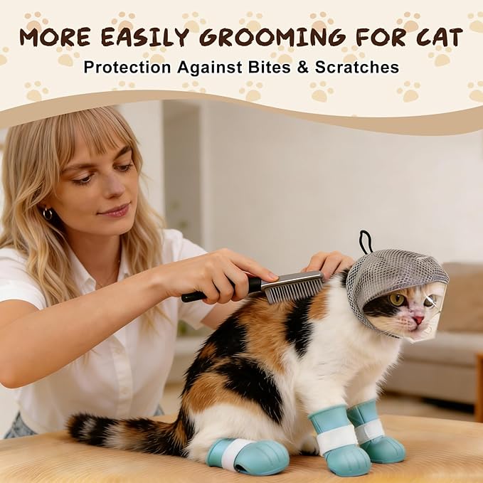 Adjustable Cat Muzzle for Grooming with 4 Paw Cover, Breathable Mesh Cat Head Cover, Anti-Bite Cats Mask, Silicone Paw Protector for Nail Trimming, Bathing (S)