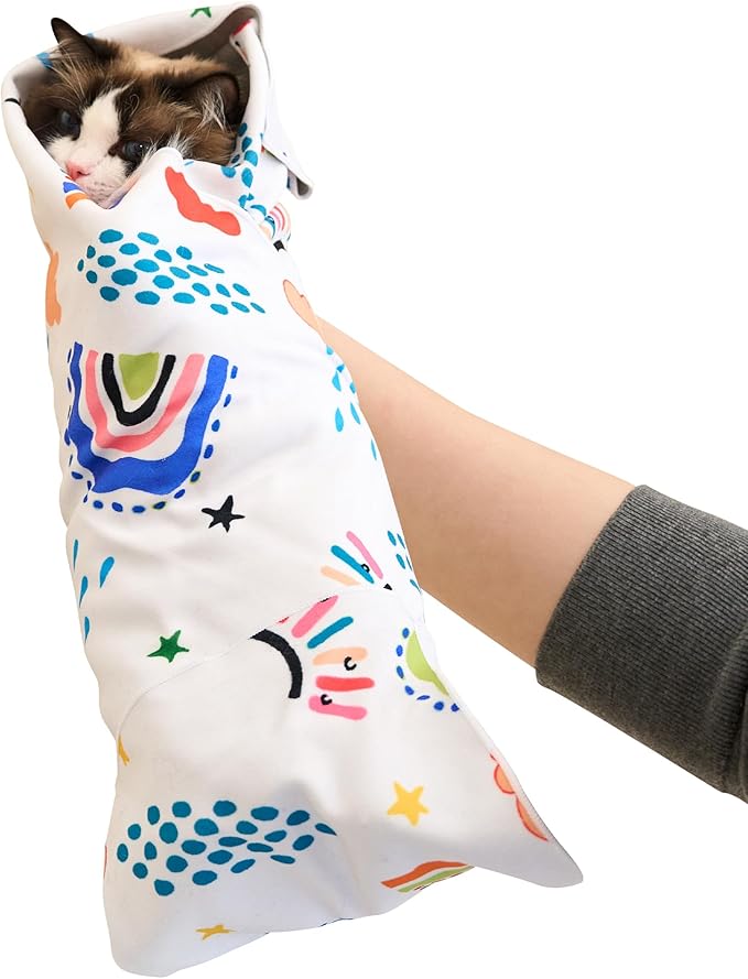 17.7'' Cat Grooming Wrap for Cutting Nails Self-Adhesive Soft Polyester Fabric Swaddle Wrap for Cats Anti-Scratch Anti-Escape Restraint for Nail Clipping Pet Cleaning and Beauty (Rainbow,M)
