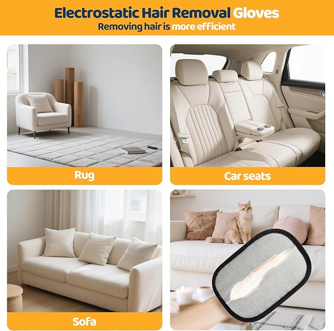Electrostatic Pet Hair Removal Gloves for Dogs & Cats - Reusable Grooming Mitts Remove Hair from Furniture, Carpets, Car Seats & Clothes