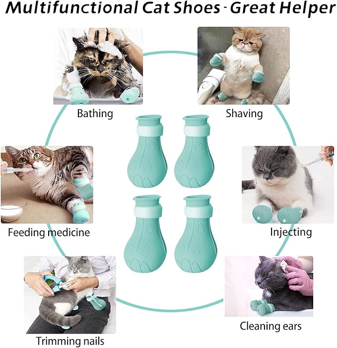 Cat Claw Covers - Anti-Scratch Shoes, Adjustable Silicone Paw Protectors for Grooming & Bathing, Prevents Scratching (Green)