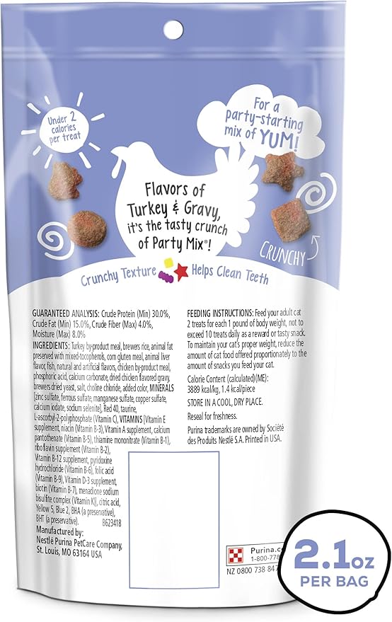Purina Friskies Party Mix Cat Treats, Gravy-Licious Crunch with Turkey & Gravy Flavors, Crunchy Treats for Adult Cats, 2.1 Ounce Resealable Pouch (Pack of 3)