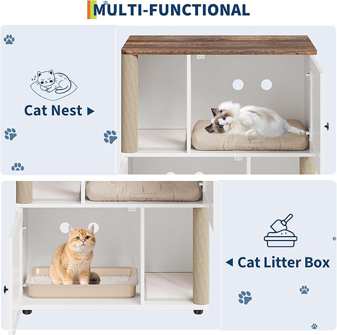 Cat Litter Box Enclosure for 2 Cats, Hidden Litter Box Furniture with Scratch Post and Double-Layer Litter Mats,Farmhouse Wooden Cat House Washroom or Bed, White