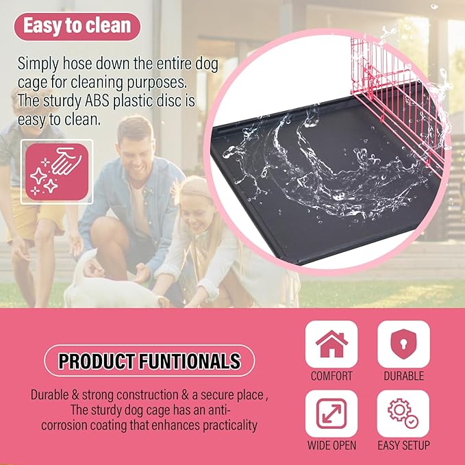 Dog Crate Dog Cage Dog Kennel Outdoor Metal Wire Double-Door Folding Pet Animal Pet Cage for Small Dog 24 inches with Plastic Tray and Handle,Pink