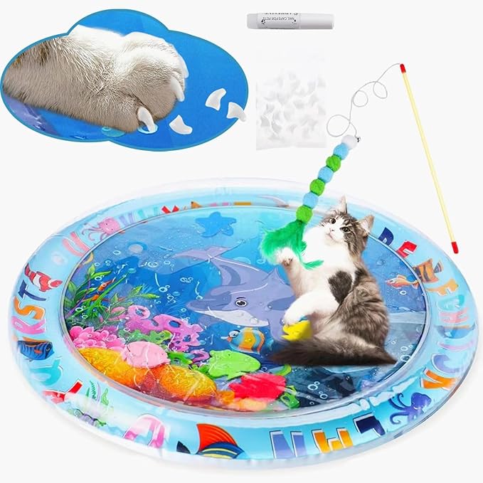 Cat Water Mat,Upgrade 0.5mm Thickened Anti-Scratch Cat Water Sensory Play Mat,Unbreakable Interactive Cat Playing Stuff,Comfort Water Play mat for Cats,Cat Play Mat with Wand Random Color