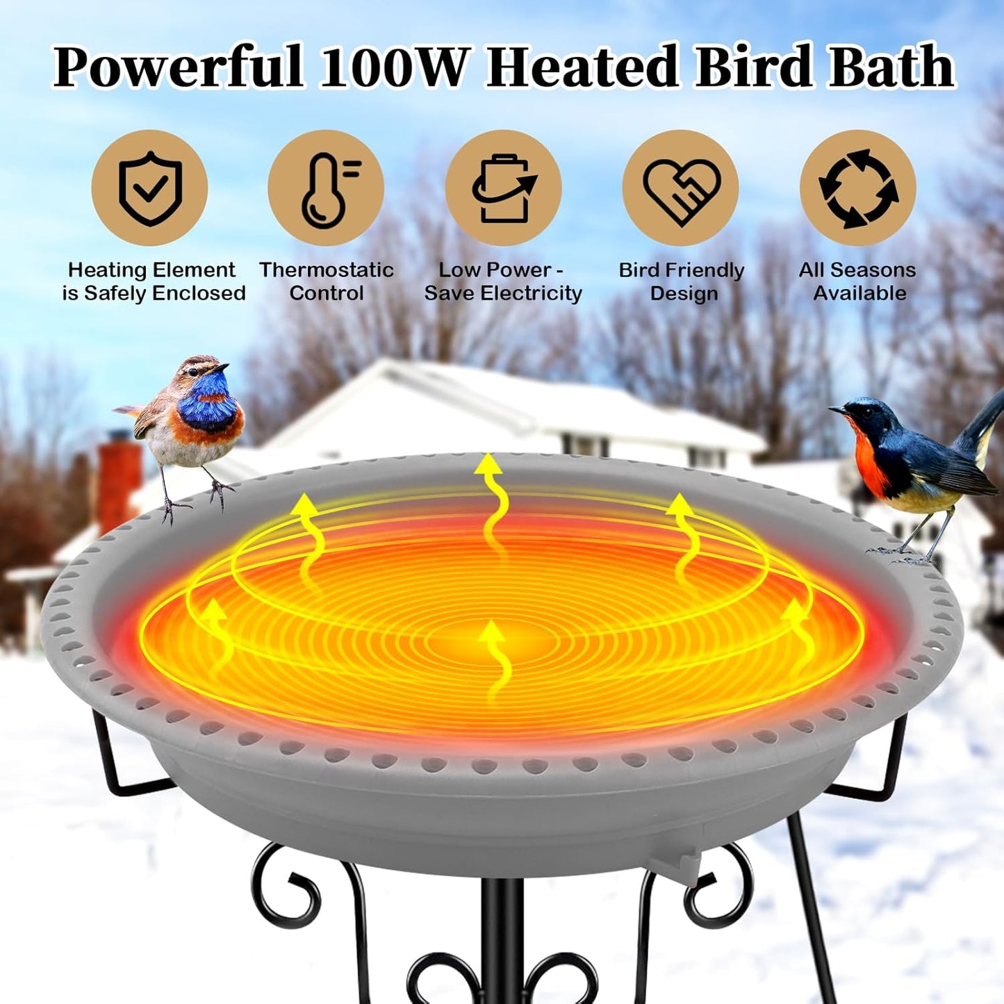 Lovppy Heated Bird Bath, 100W Thermostatically Controlled Heated Bird Baths for Outdoors Bird Bath Heater with Metal Stake, Heated Bird Bath for Outside Winter Garden Patio Yard Lawn (Gray)