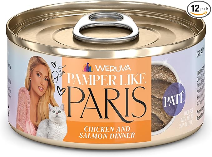 Weruva Paris Hilton Pamper Like Paris Natural Grain Free Wet Cat Food, Chicken and Salmon Paté, 2.47oz Can (Pack of 12)