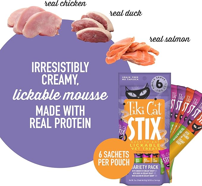 Tiki Cat Stix Wet Mousse Cat Treats, 3 oz. Pouch of Single Serve Lickable Treats, Variety Pack in Gravy, (12 Pack of 72 Tubes)