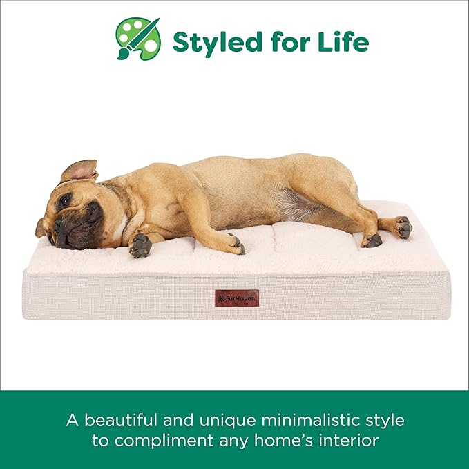 Furhaven Cooling Gel Dog Bed – Classic Cushion with Plush Tufted Top, Supportive Foam Mattress, Removable Washable Cover, Joint Relief - Wheat, Medium