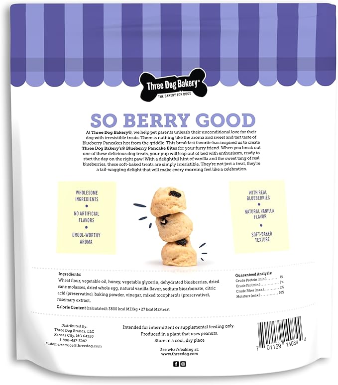 Three Dog Bakery Blueberry Pancake Bites, Treats with Real Blueberries & Vanilla, Mess-Free Snacks & Training Cookies for Dogs & Puppies, Human-Inspired