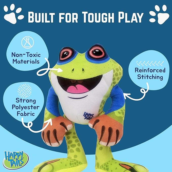 Happy Tails Interactive 12-Inch Frog Squeaky Dog Toy for Medium to Large Dogs, Durable Polyester with Reinforced Stitching, Green