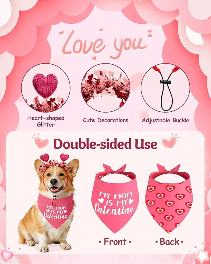Swooflia 4 Pcs Pink Valentines Dog Toys - Cute Plush Squeaky Dog Toys, Cat Dog Scarf Headband for Puppy Pet to Keep Them Busy (Not for Big & Aggressive Chewer)