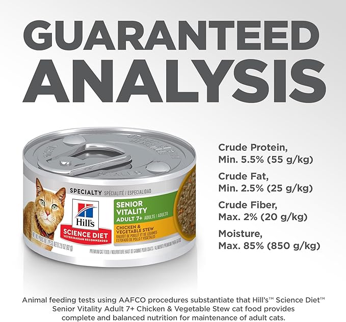 Hill's Science Diet Adult 7+ Senior Vitality Wet Cat Food, Chicken & Vegetable Stew, 2.9 oz. Cans, 24-Pack