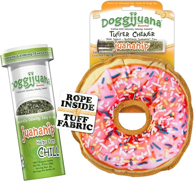 Doggijuana Doggi Duo Refillable Juananip Toy Bundle | Pink Donut & Juananip | Funny Dog Toy Plush with Catnip and Refill | Interactive Chew for Play
