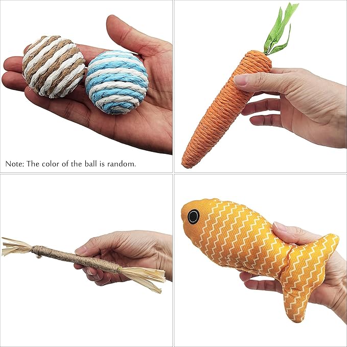 Tipmant Pet Cat Teaser Interactive Toy Kitten Kitty Teeth Molar Kit Contains 1 Catnip Fish, 1 Carrot, 1 Chew Stick, 2 Balls
